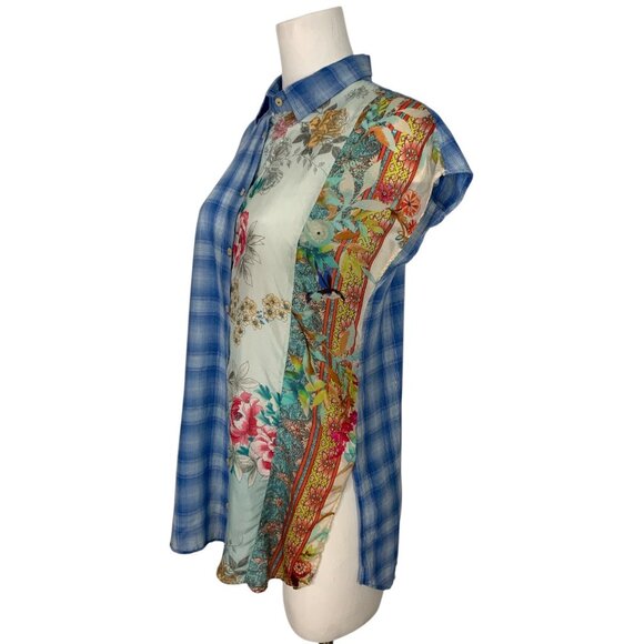 Johnny Was 3J Workshop Blouse S Blue Plaid Floral Silk Blend - Picture 3 of 13